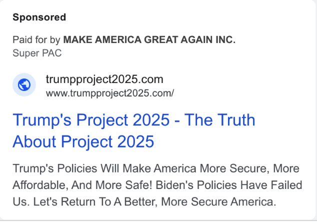 Sponsored ad by Make America Great Again Inc. promoting Trump's Project 2025