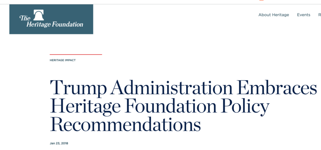 Heritage Foundation article titled 'Trump Administration Embraces Heritage Foundation Policy Recommendations' published on January 23, 2018.