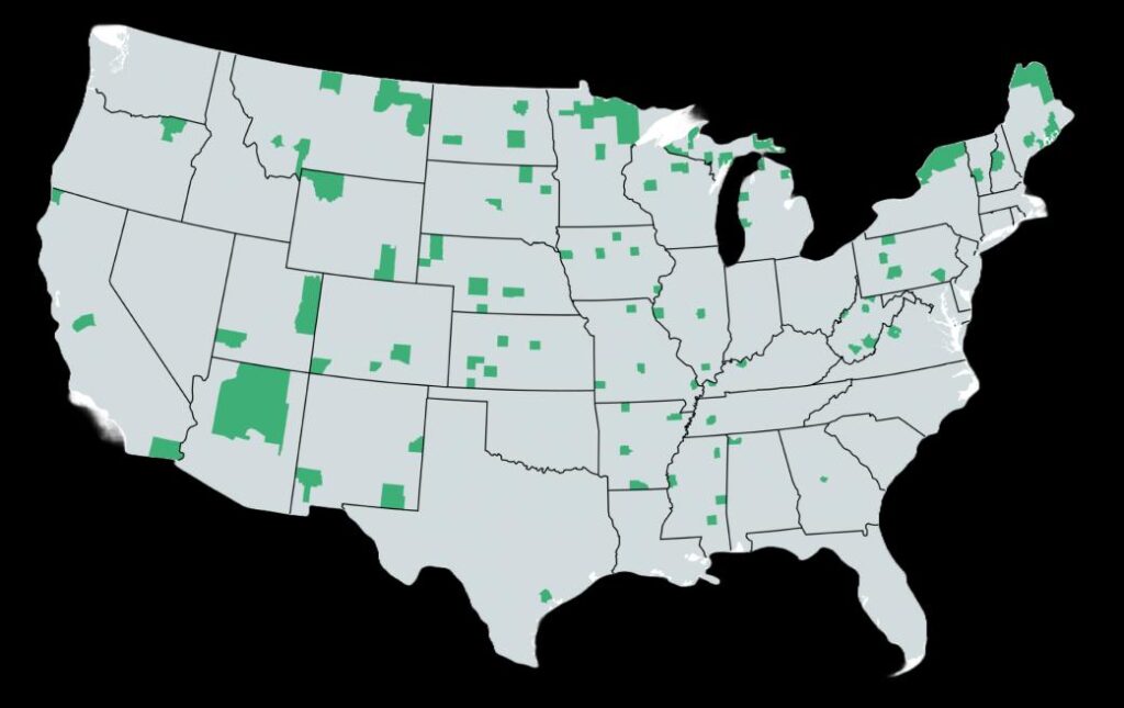 Counties in the contiguous U.S. hosting Essential Air Service destinations