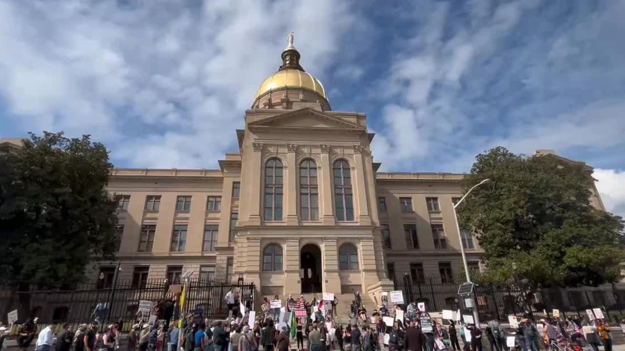 Protesters rally at Georgia State Capitol against President Trump, Project 2025